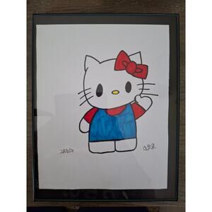 Home Decor Anime Sanrio Hello Kitty Hand drawed Size 8.5 X 11 Framed